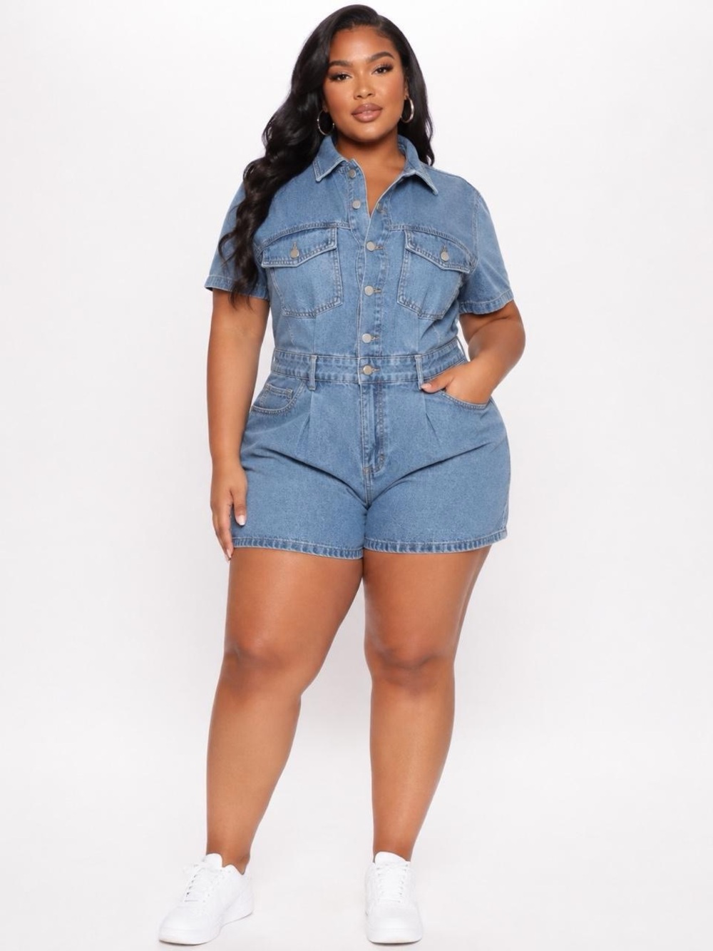 SHEIN Washed Blue Short-Sleeve Denim Button-Up Romper
